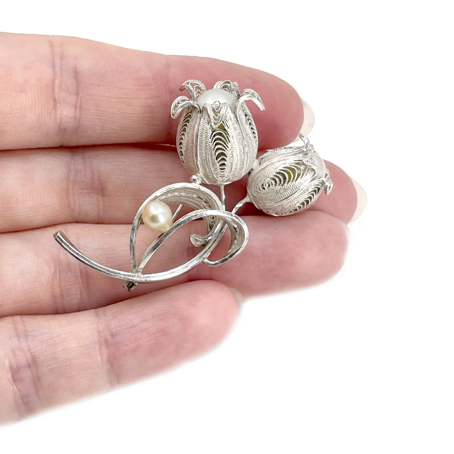 Filigree Flower Vintage Japanese Akoya Cultured Saltwater Pearl Brooch- Sterling Silver