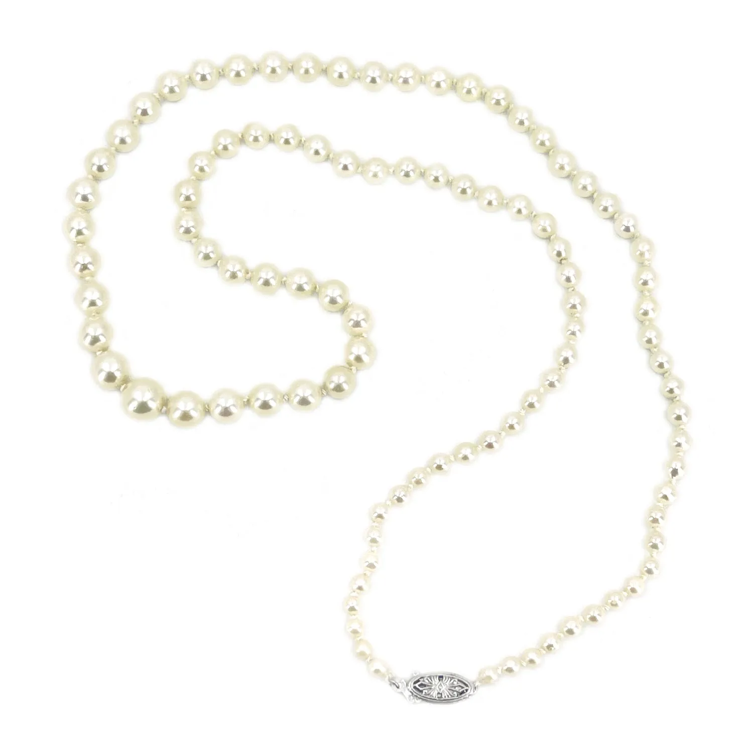 Filigree Retro Japanese Saltwater Cultured Akoya Pearl Vintage Necklace - 10K White Gold 20.50 Inch