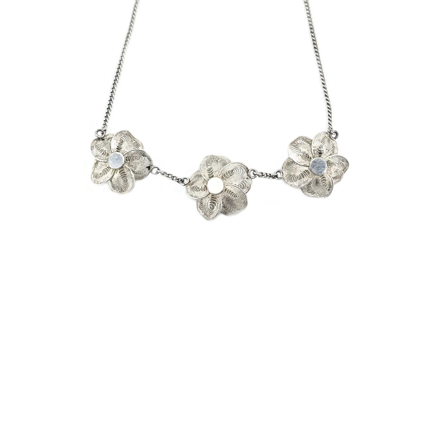 Filigree Spun Silver Japanese Cultured Akoya Pearl Flower Necklace- Sterling Silver 16 Inch