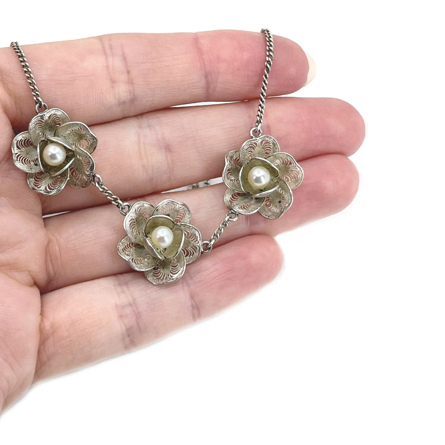 Filigree Spun Silver Japanese Cultured Akoya Pearl Flower Necklace- Sterling Silver 16 Inch