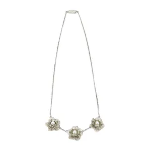 Filigree Spun Silver Japanese Cultured Akoya Pearl Flower Necklace- Sterling Silver 16 Inch