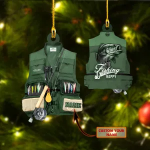 Fishing Ornament - Custom Shaped Ornament - Fishing Vest Green Ornament