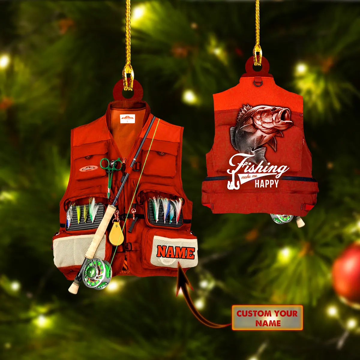 Fishing Ornament - Custom Shaped Ornament - Fishing Vest Orange Ornament