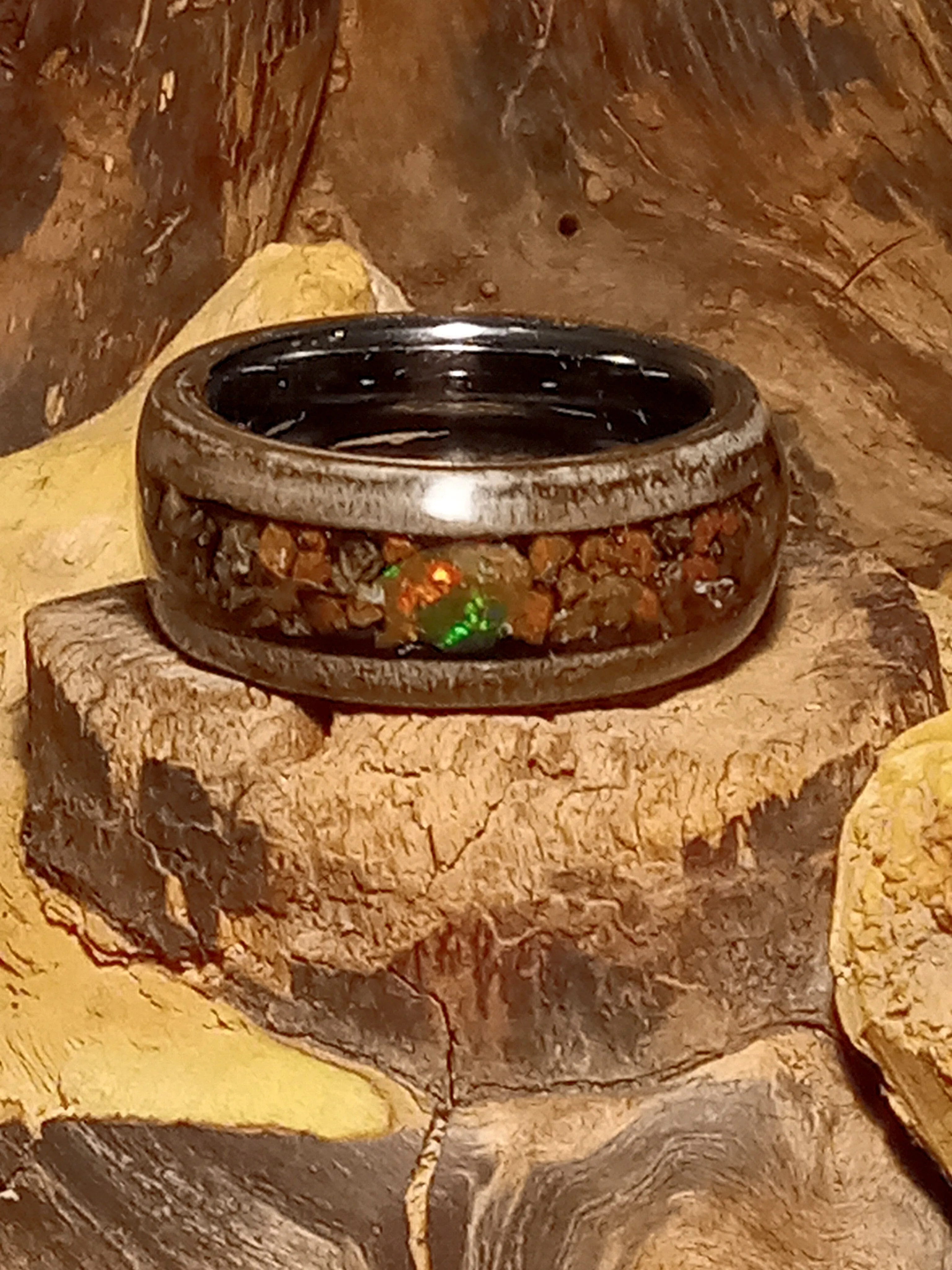 Gem Dino and Black Opal Silver Birdseye Maple Bentwood Ring