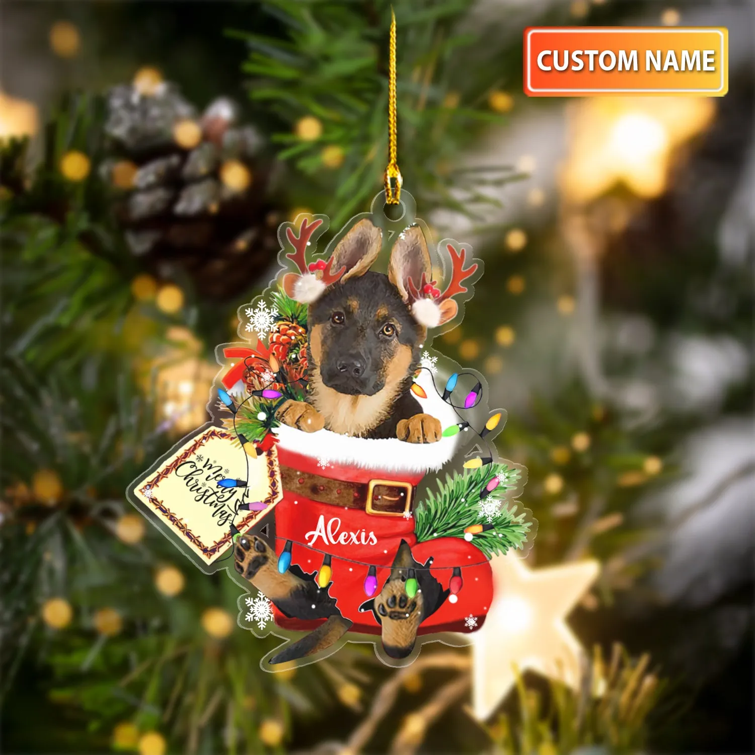 GERMAN SHEPHERD IN SNOW POCKET CHRISTMAS ACRYLIC ORNAMENT