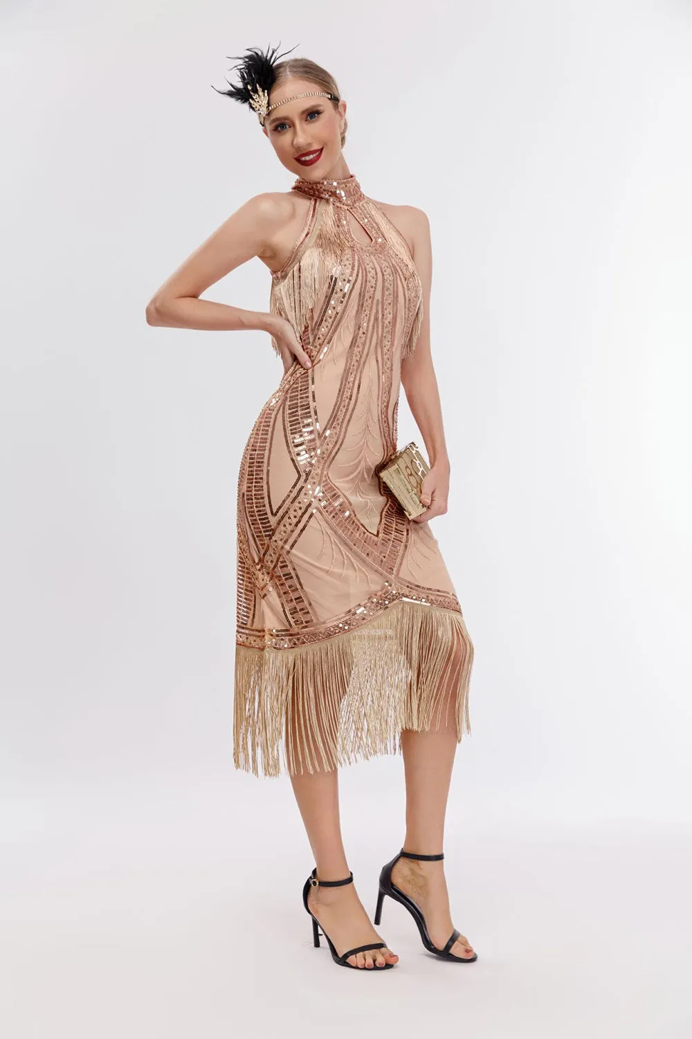 Glitter Halter Fringes Gatsby Dress with Sleeveless