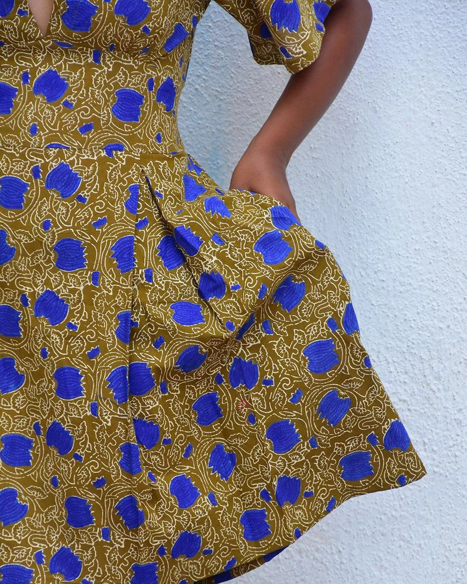 Golden Paisley Handblockprinted Cotton Dress - Hmbd