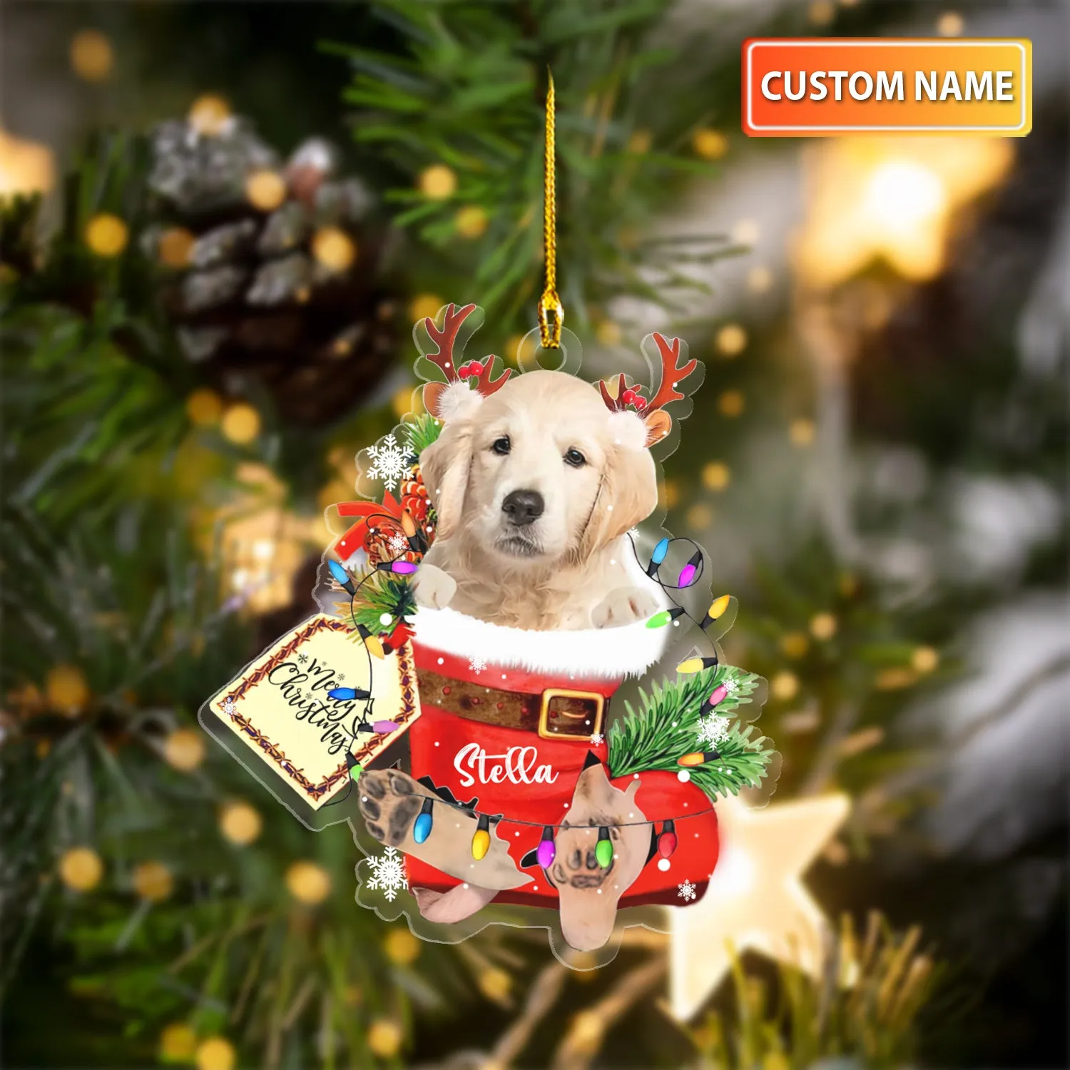 GOLDEN RETRIEVER IN SNOW POCKET CHRISTMAS ACRYLIC ORNAMENT
