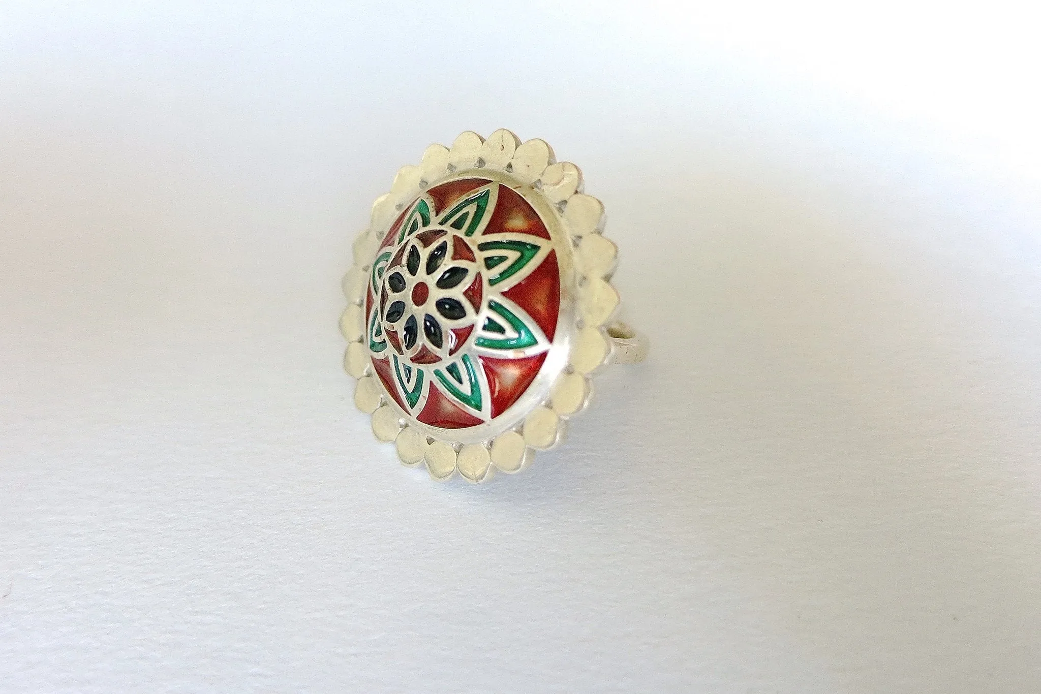 Gorgeous, red and green Nathdwara enamel statement ring