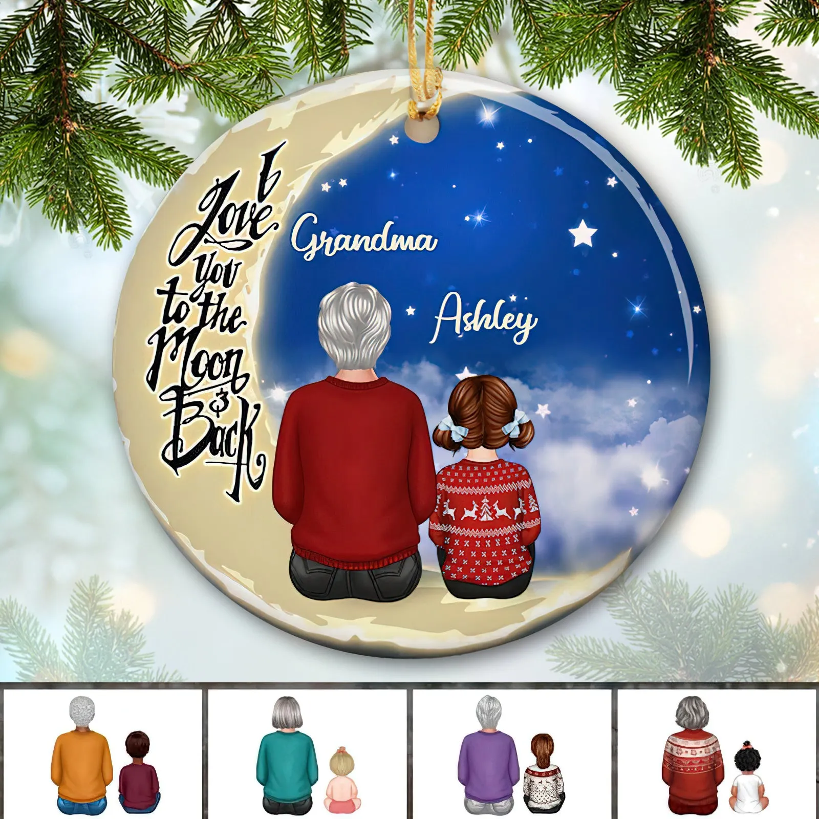 Grandma Grandkids On Moon Personalized Circle Ornament Family Custom Shaped Ornament