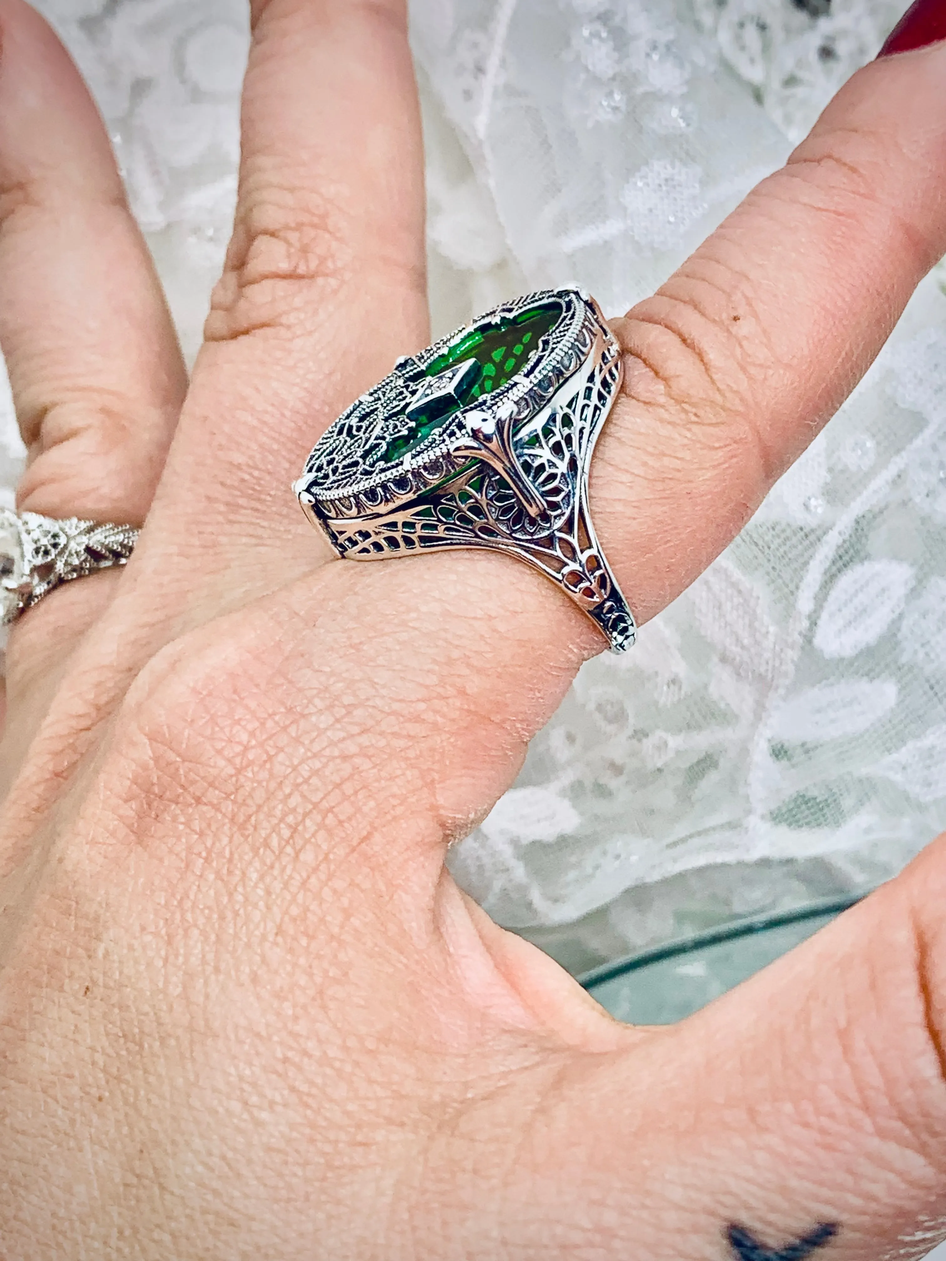 Green Camphor Glass Ring, Size 6, Oval Stained-Glass with inset, Looking Glass #D594 - Ready to Ship