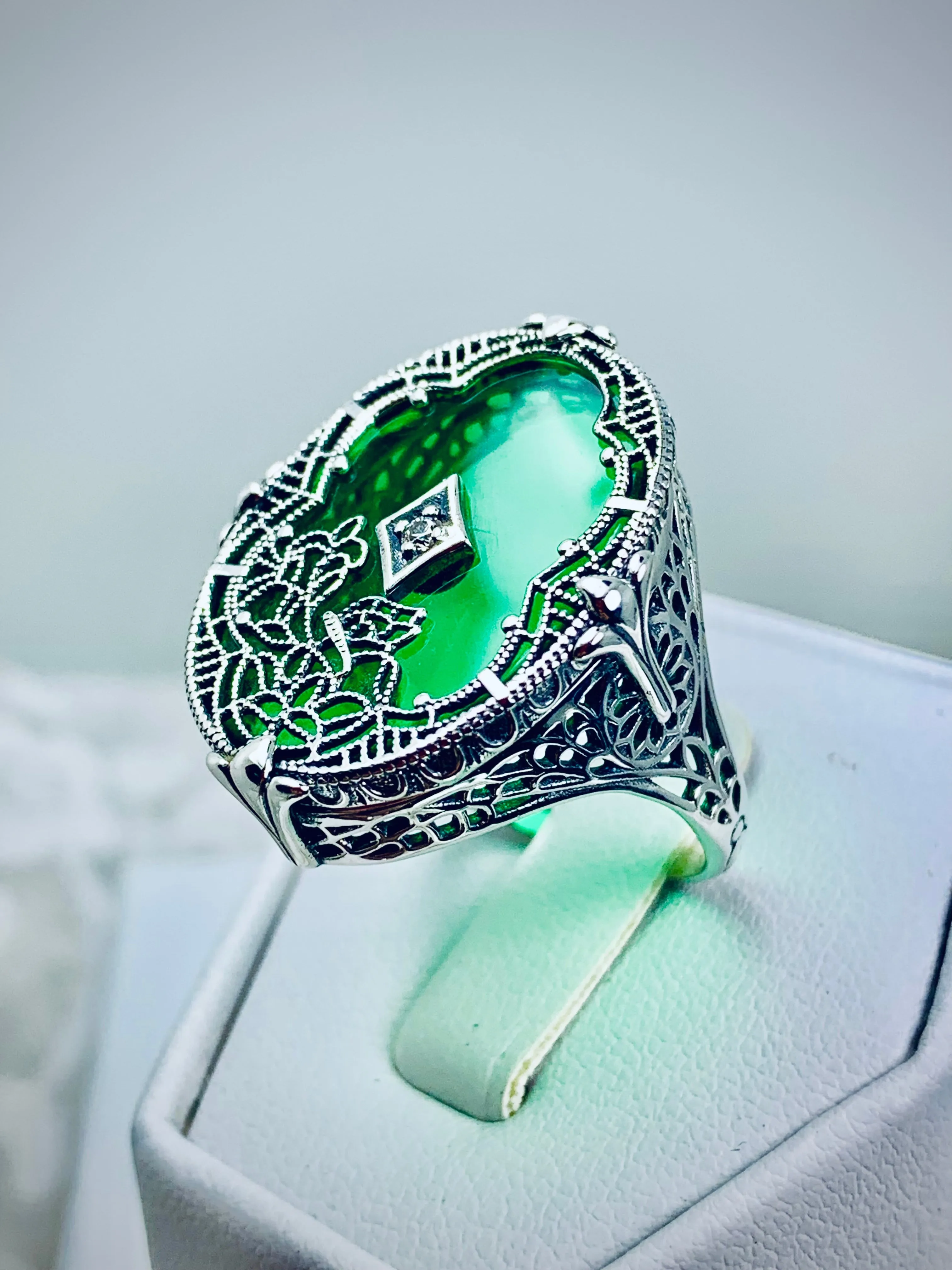 Green Camphor Glass Ring, Size 6, Oval Stained-Glass with inset, Looking Glass #D594 - Ready to Ship
