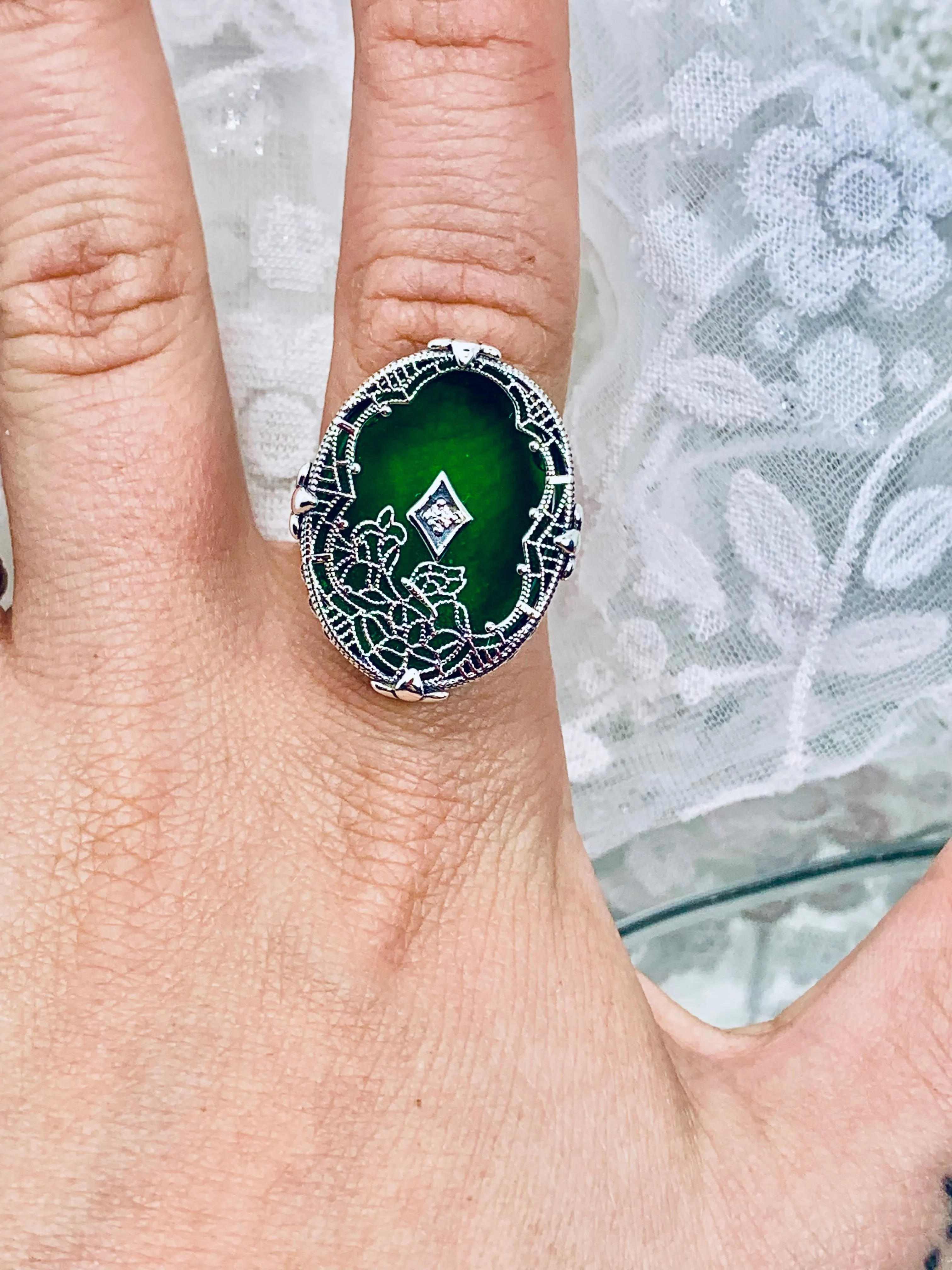 Green Camphor Glass Ring, Size 6, Oval Stained-Glass with inset, Looking Glass #D594 - Ready to Ship