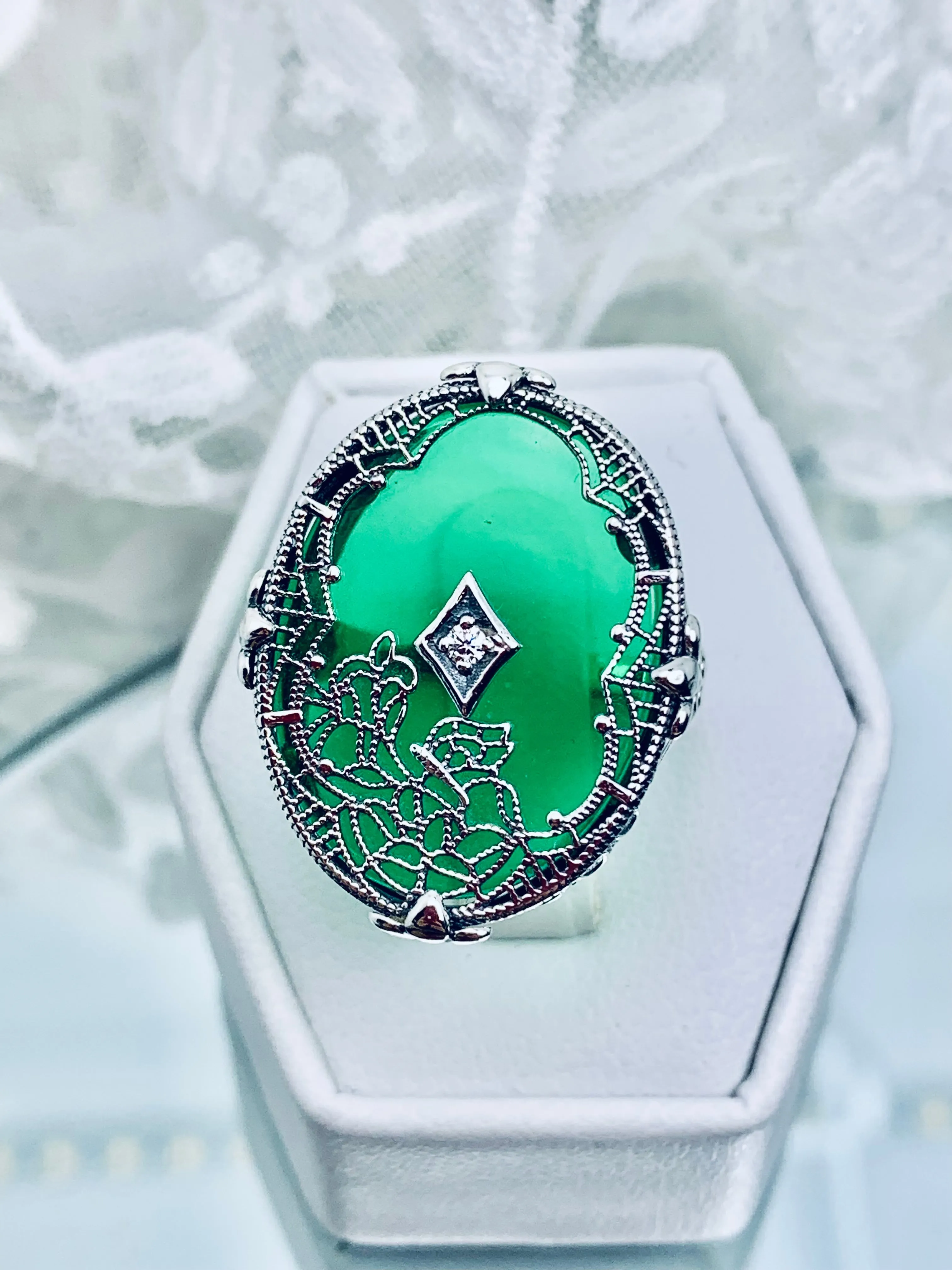 Green Camphor Glass Ring, Size 6, Oval Stained-Glass with inset, Looking Glass #D594 - Ready to Ship