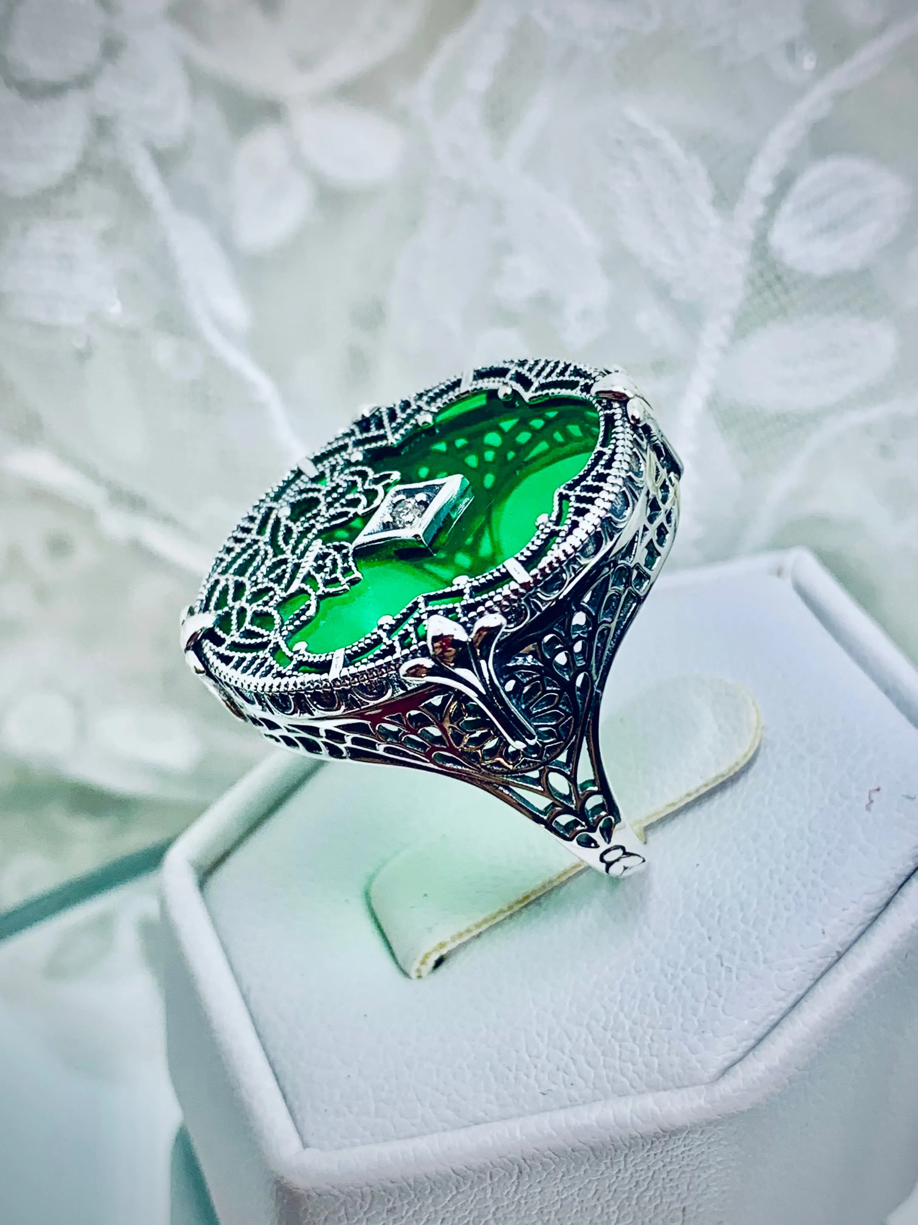 Green Camphor Glass Ring, Size 8, Oval Stained-Glass with inset, Looking Glass #D594 - Ready to Ship