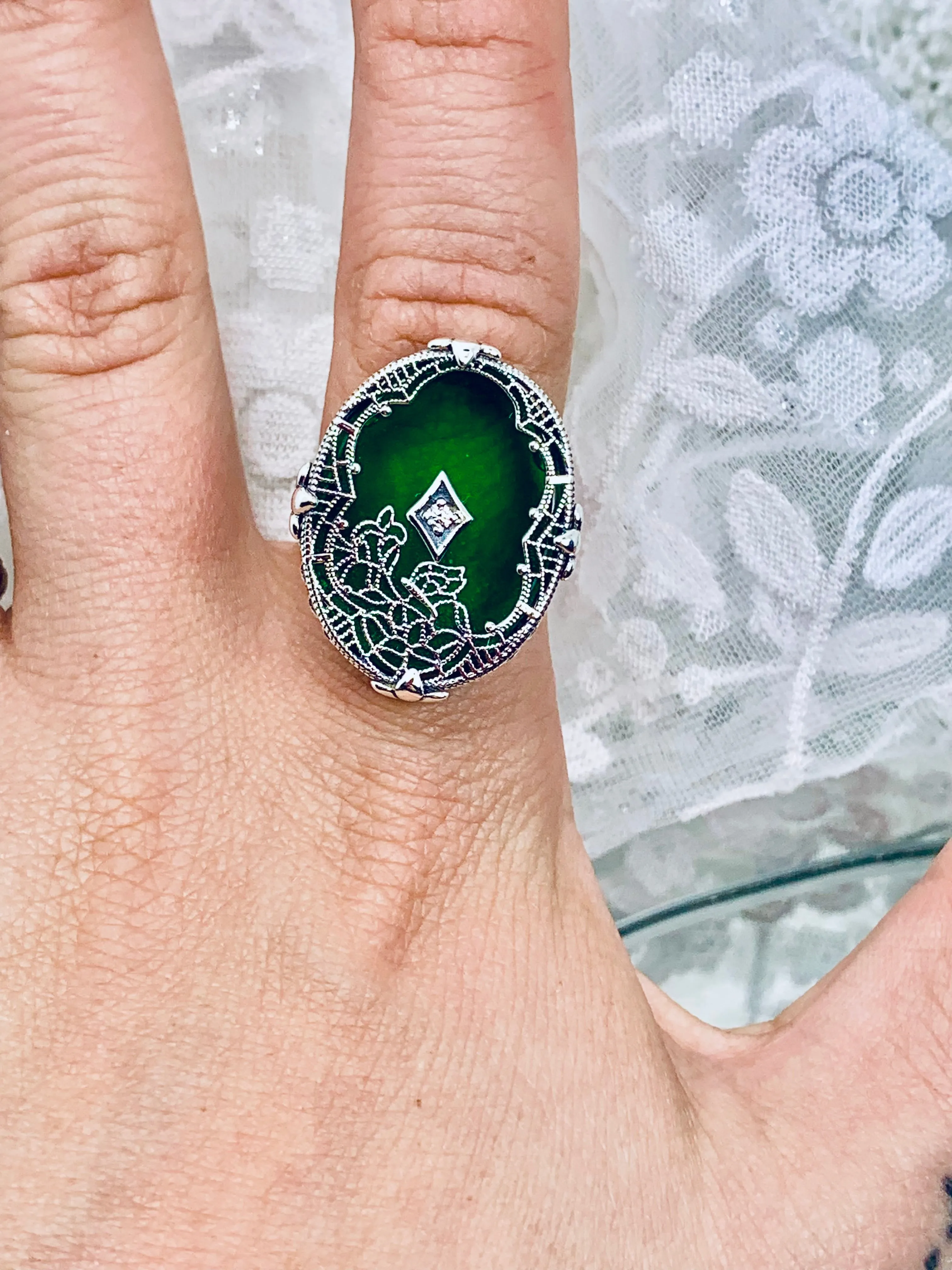 Green Camphor Glass Ring, Size 8, Oval Stained-Glass with inset, Looking Glass #D594 - Ready to Ship