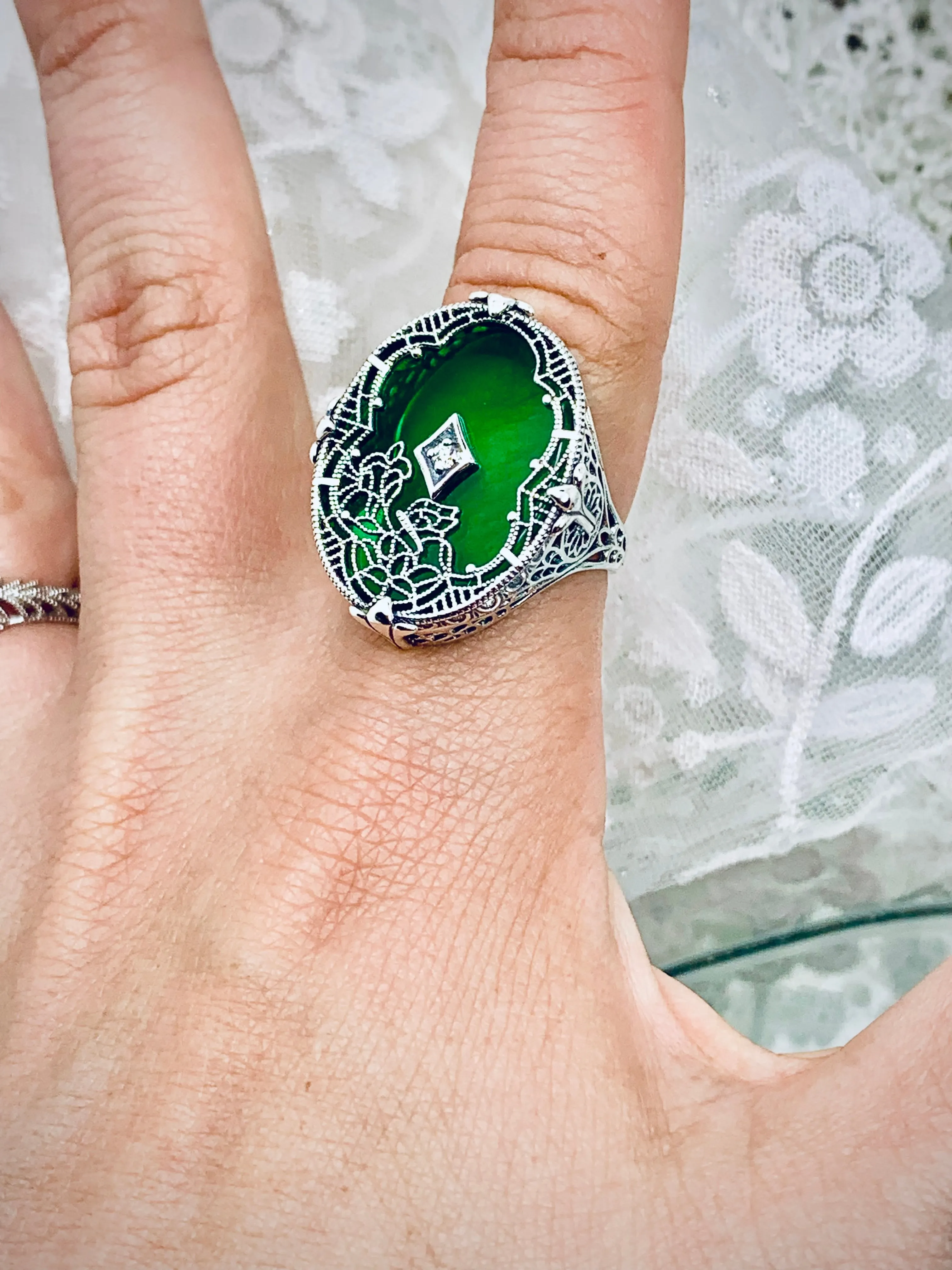 Green Camphor Glass Ring, Size 8, Oval Stained-Glass with inset, Looking Glass #D594 - Ready to Ship