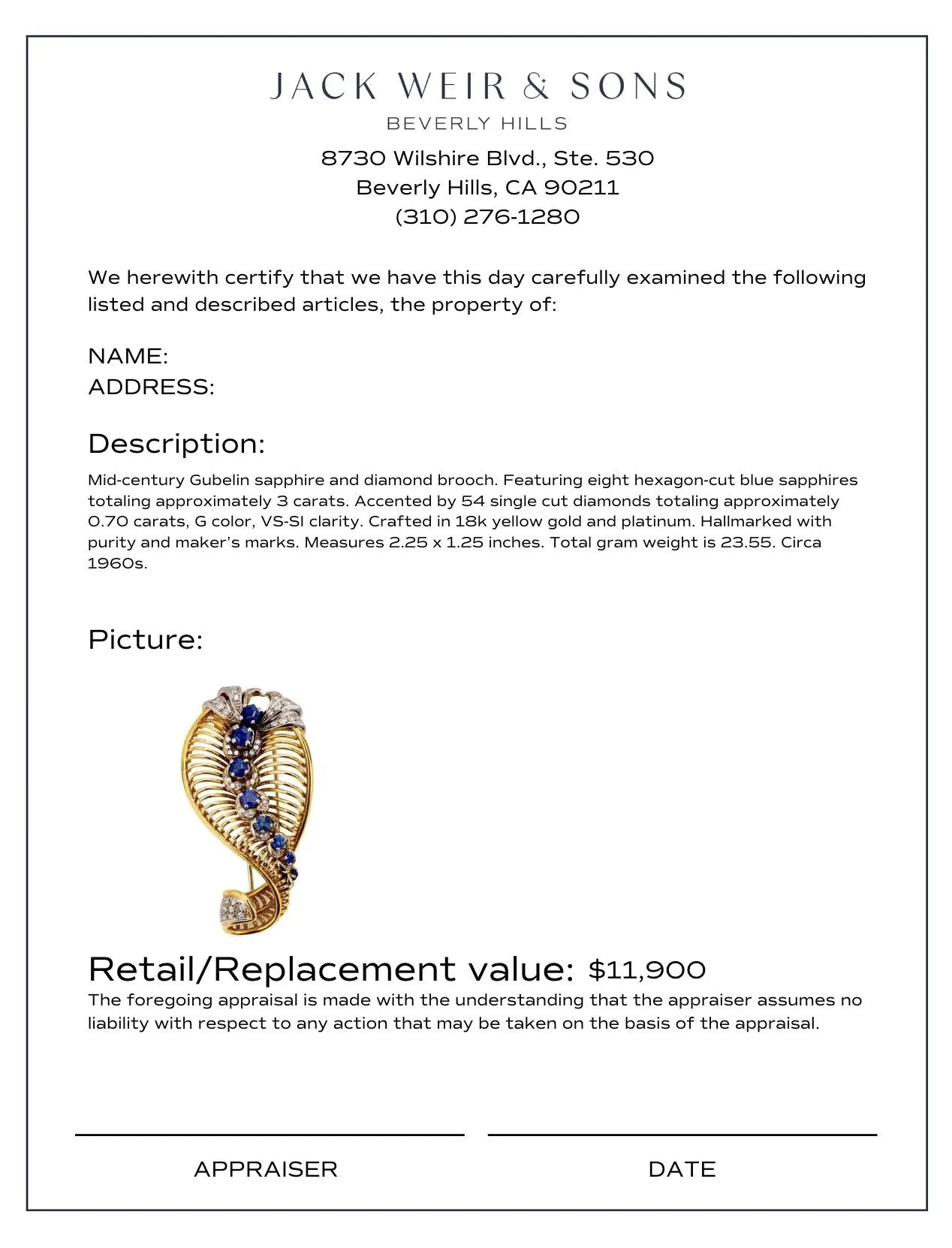 Gubelin 3 carat sapphire diamond 18k yellow gold brooch