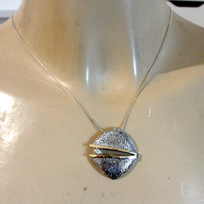 Hadar Designers Zircon Pendant 9k Yellow Gold 925 Silver Modern Art Handmade (MS