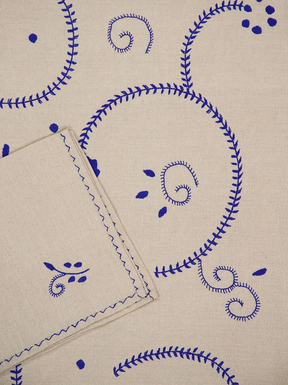 Hand Embroidered Viana Beige and Blue Tablecloth and Napkin Set
