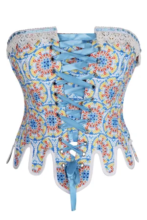 Handmade Steel Boned Corset with Scalloped Hem and Vibrant Mosaic Print