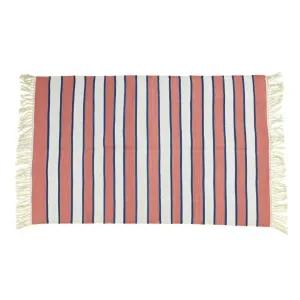 Handwoven Peach and White Stripe Cotton Rug with Fringes