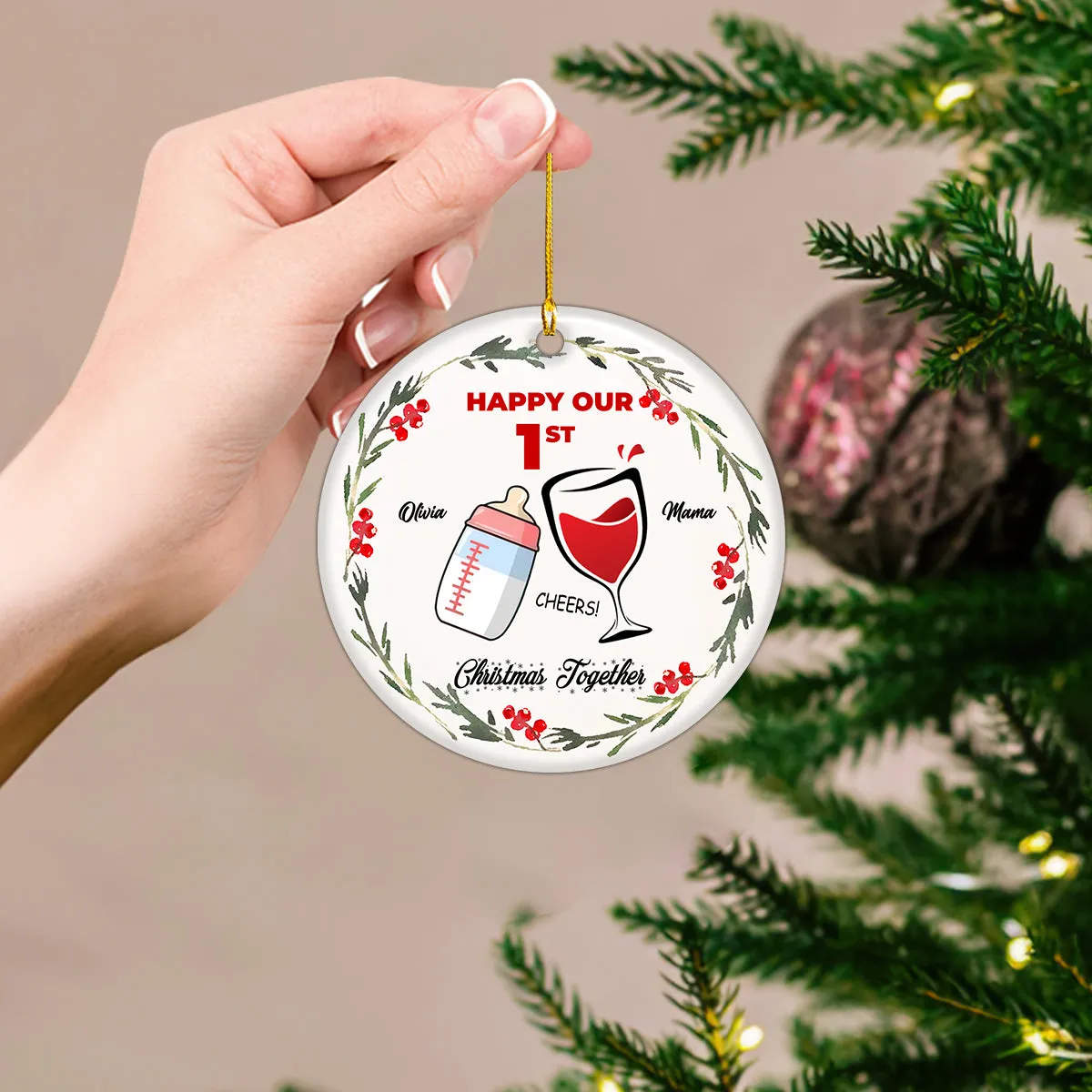 Happy Our First Christmas Together Personalized Circle Ornament Christmas Gift For First Mom, Wife