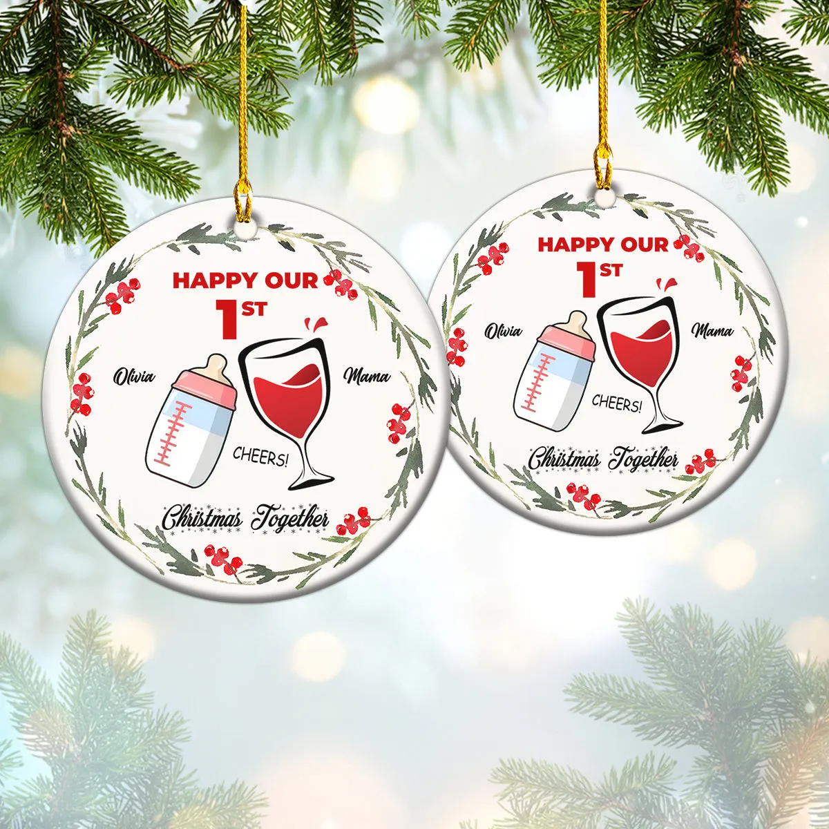 Happy Our First Christmas Together Personalized Circle Ornament Christmas Gift For First Mom, Wife