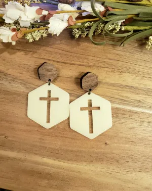 Hexagon Cross Earrings - Cream