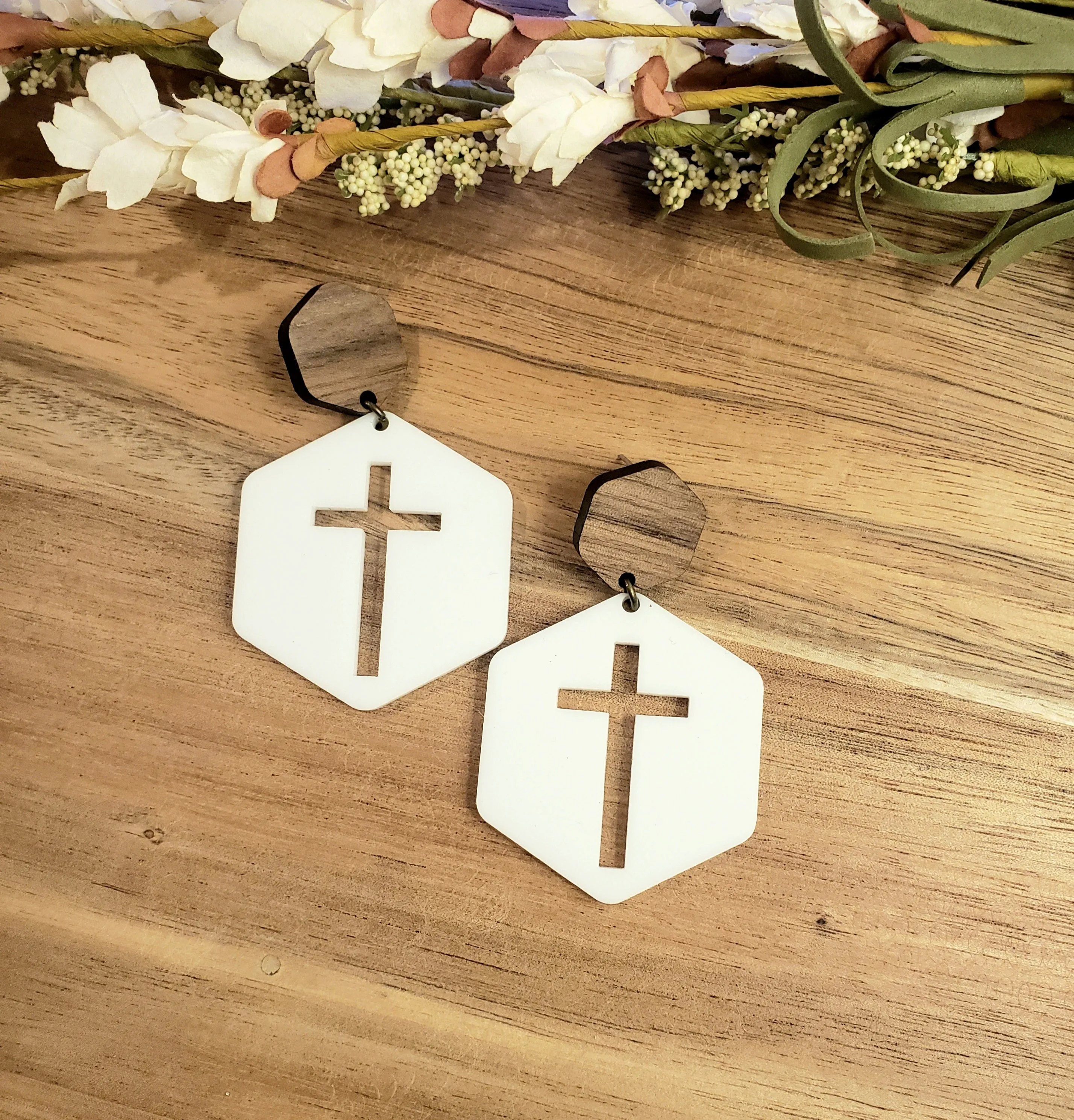 Hexagon Cross Earrings - White