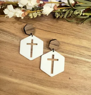Hexagon Cross Earrings - White