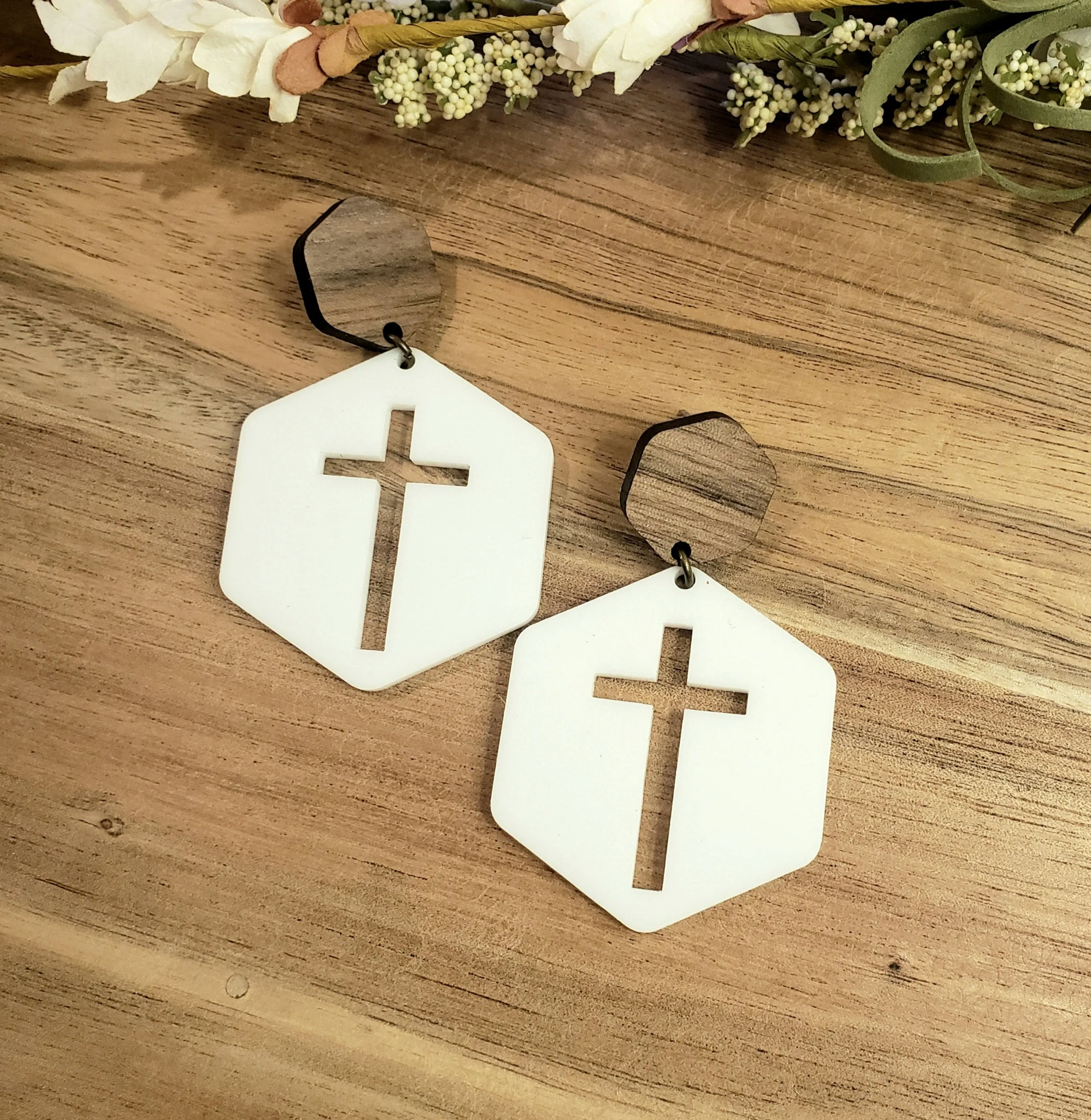 Hexagon Cross Earrings - White