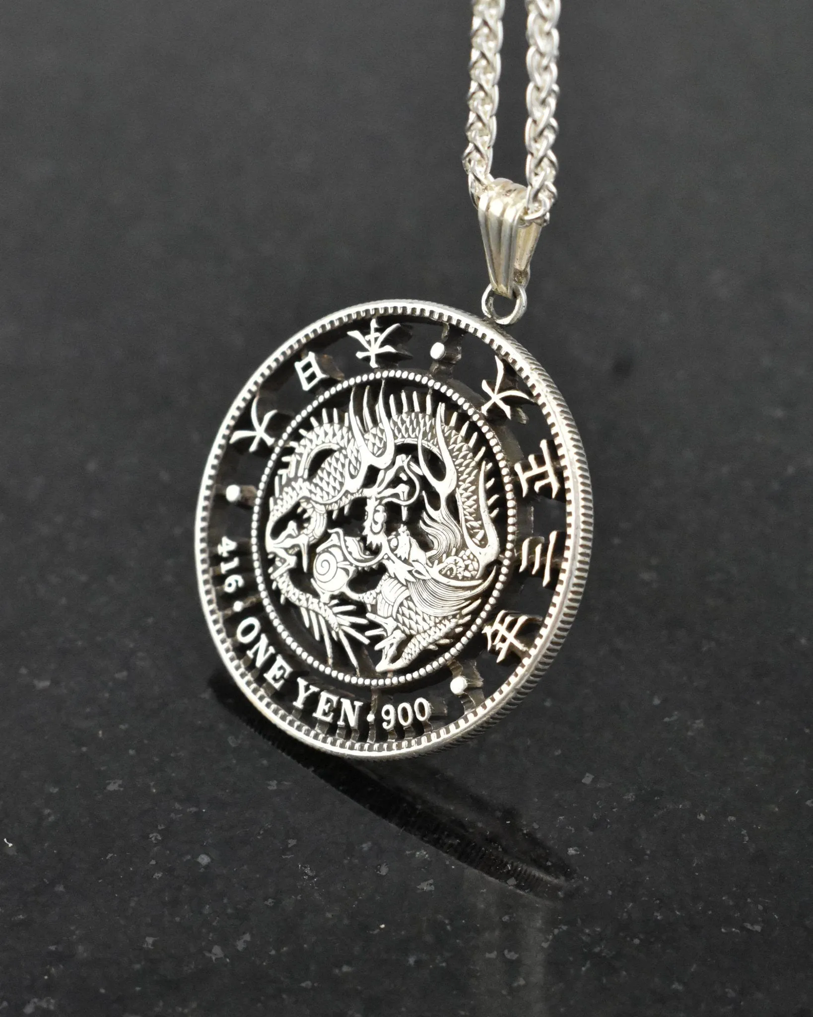 Japan - One Yen Dragon Cut Coin Pendant