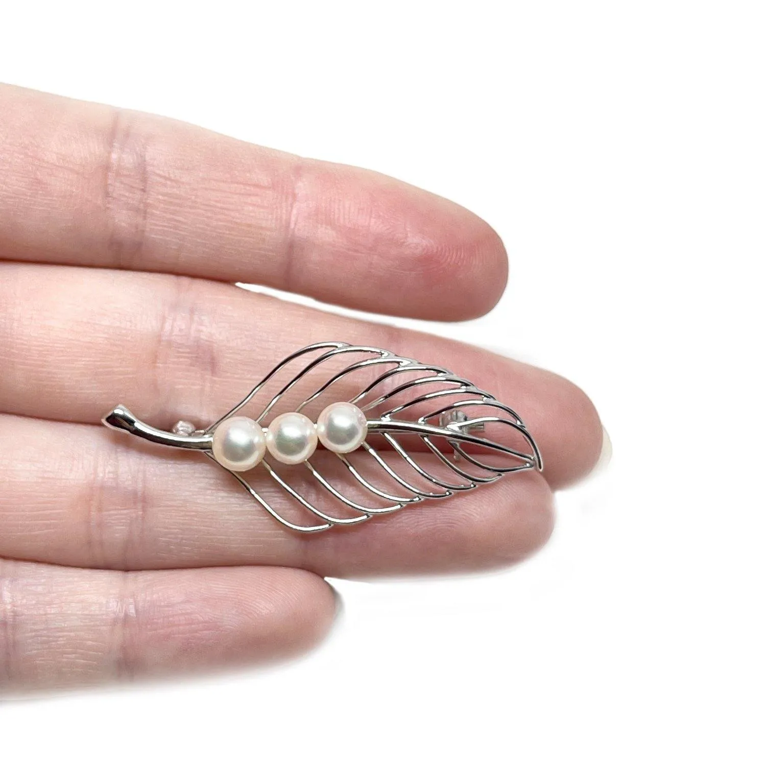K. Uyeda Leaf Japanese Saltwater Cultured Akoya Pearl Brooch- Sterling Silver