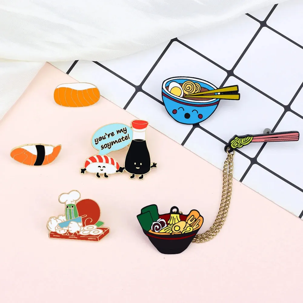 Kawaii Japanese Food Lapel Pins 🍣🥢 Cute Salmon Sushi & Ramen Brooches ✨ Fun Enamel Badges for Kids & Girls 🎀 Adorable Jewelry Gift!