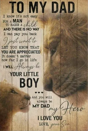 Lion and Cub To My Dad Quote from Son Fake Wood Grain Vintage Sign Gift New Made In America To Order Exquisite Custom Created Home Decor Art