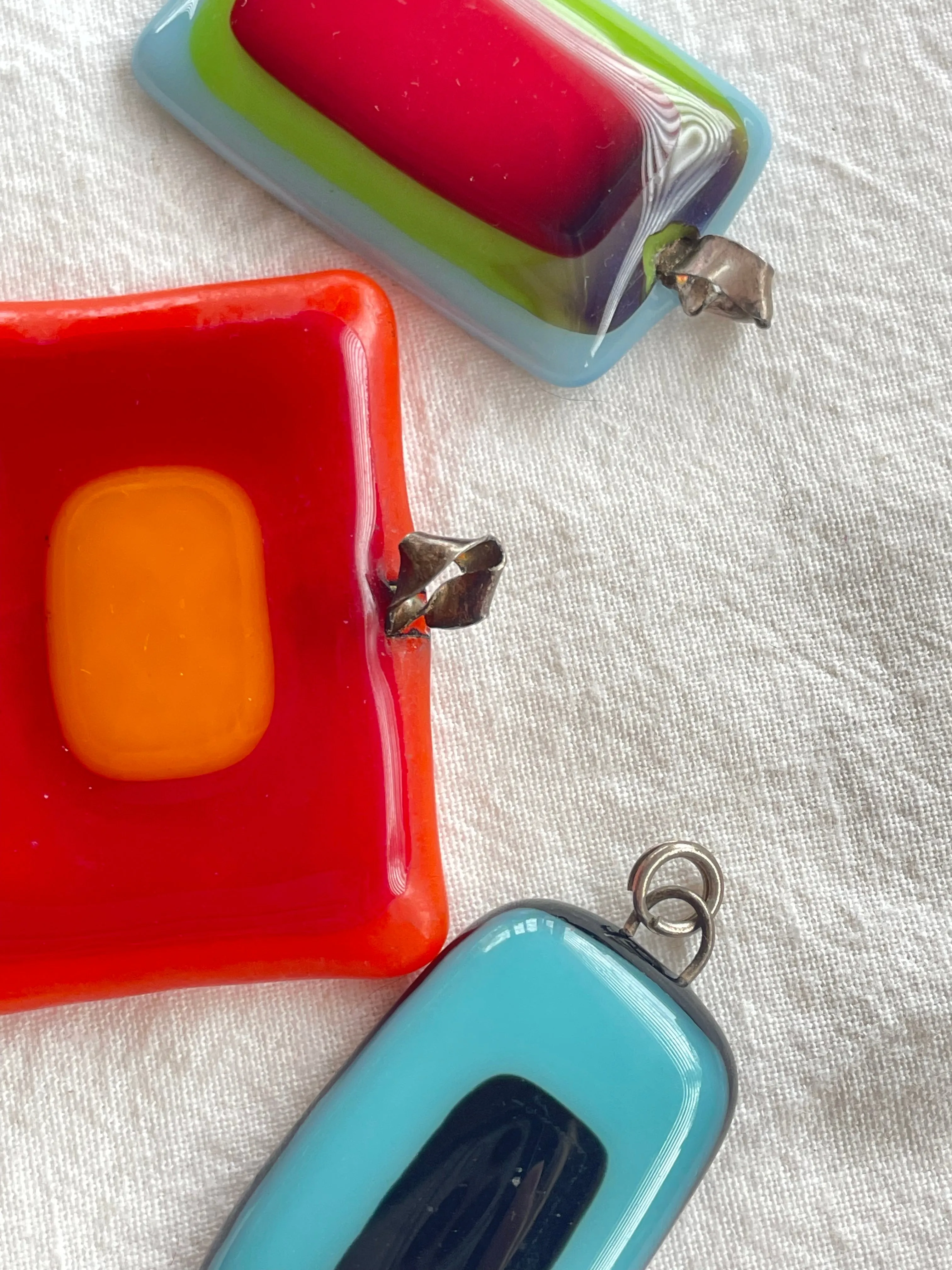 Lot of Three Vintage Glass Pendants with Silver Clasps