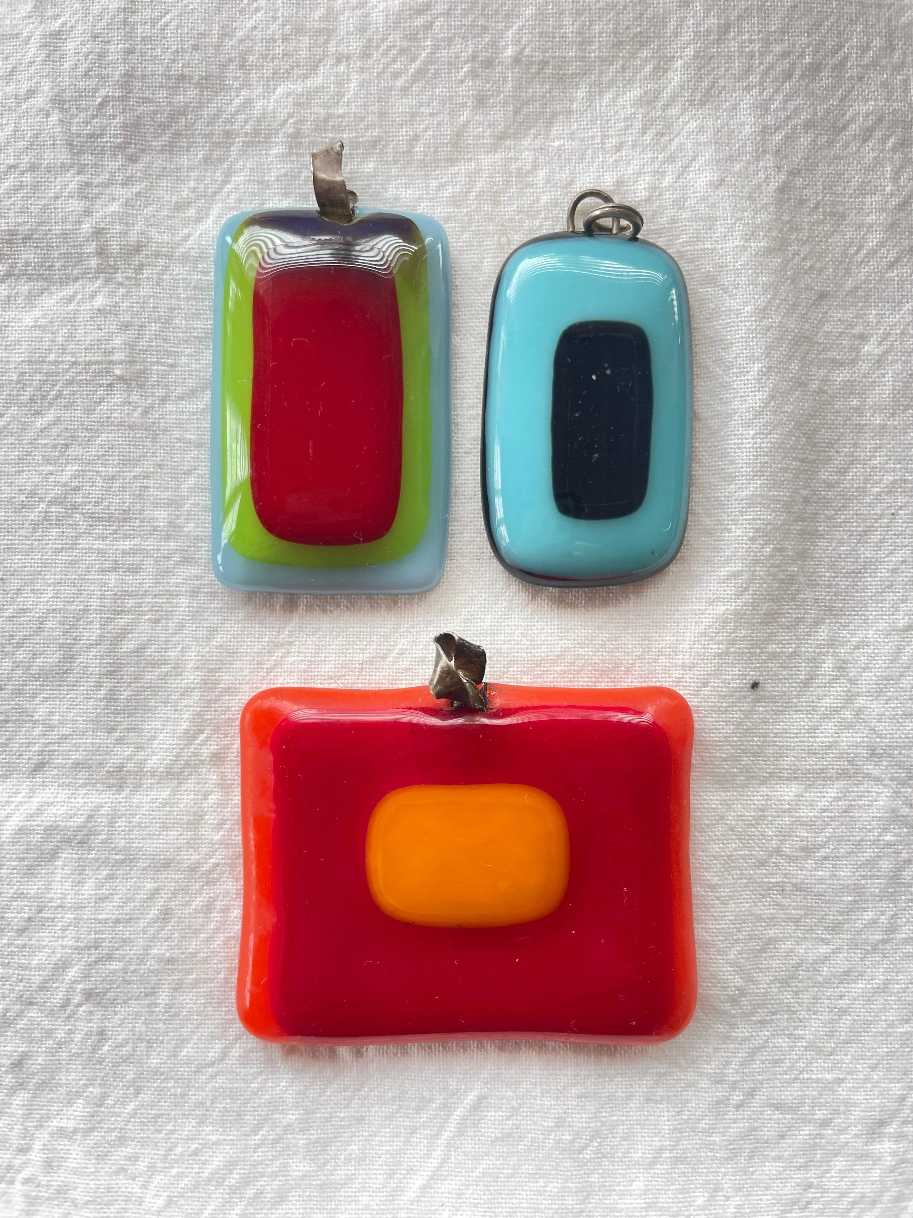 Lot of Three Vintage Glass Pendants with Silver Clasps