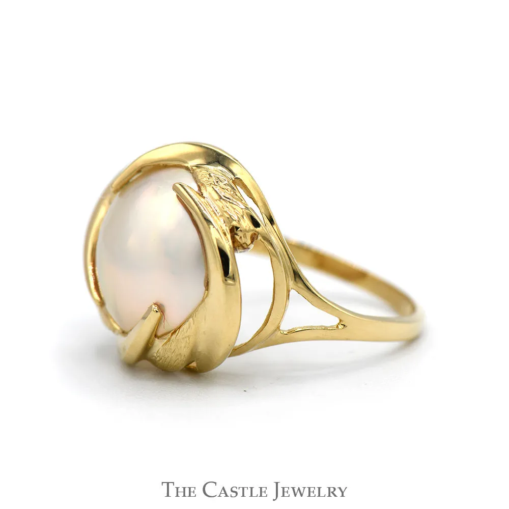 Mabe Pearl Ring with Swirled Bezel and Split Shank Sides in 14k Yellow Gold