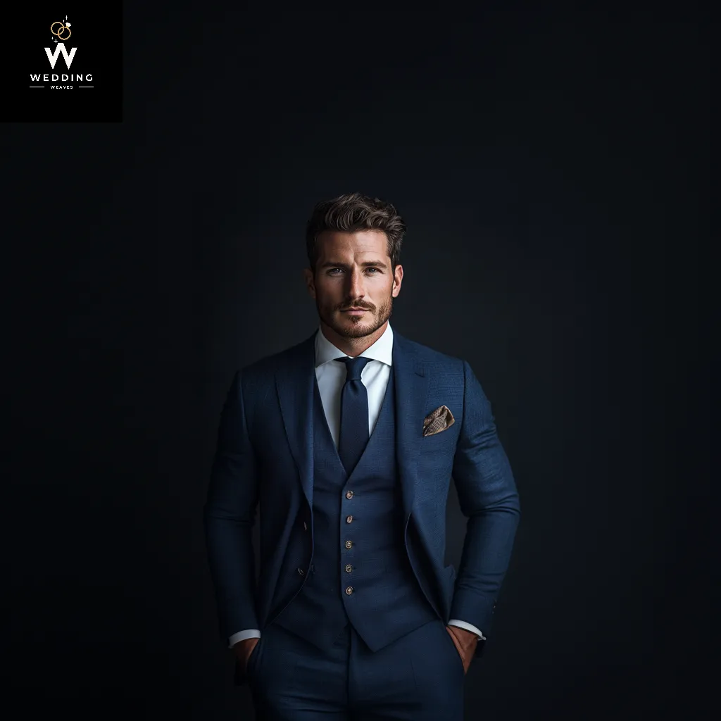 Men's 100% Navy Blue Merino Wool Three-Piece Suit - Perfect Vintage Wedding Attire