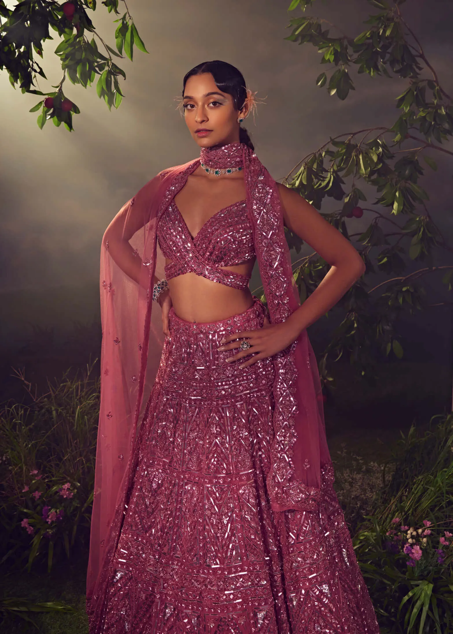 Metallic cashmere rose tulle lehenga set