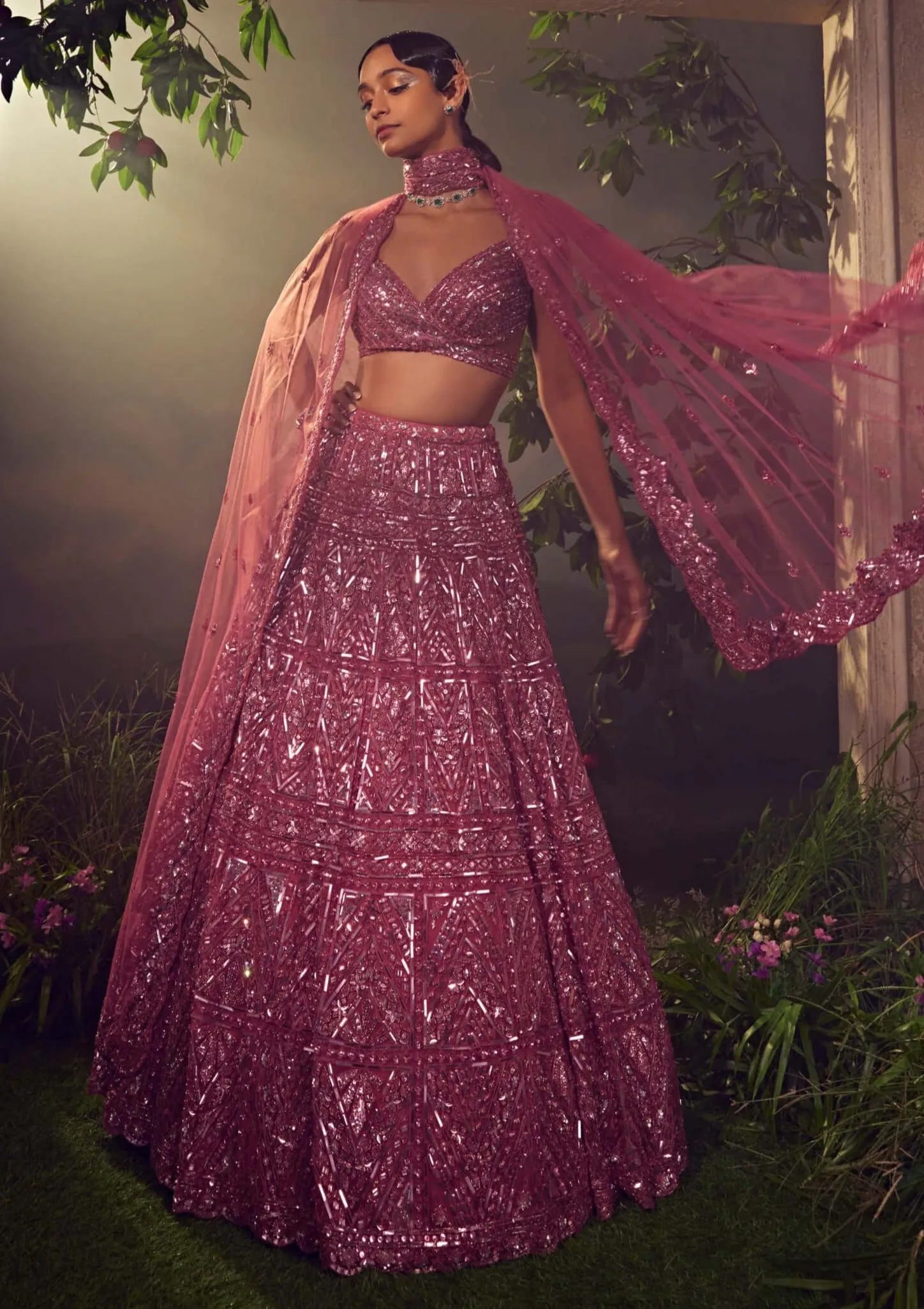 Metallic cashmere rose tulle lehenga set