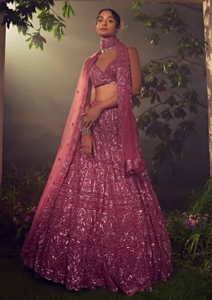 Metallic cashmere rose tulle lehenga set