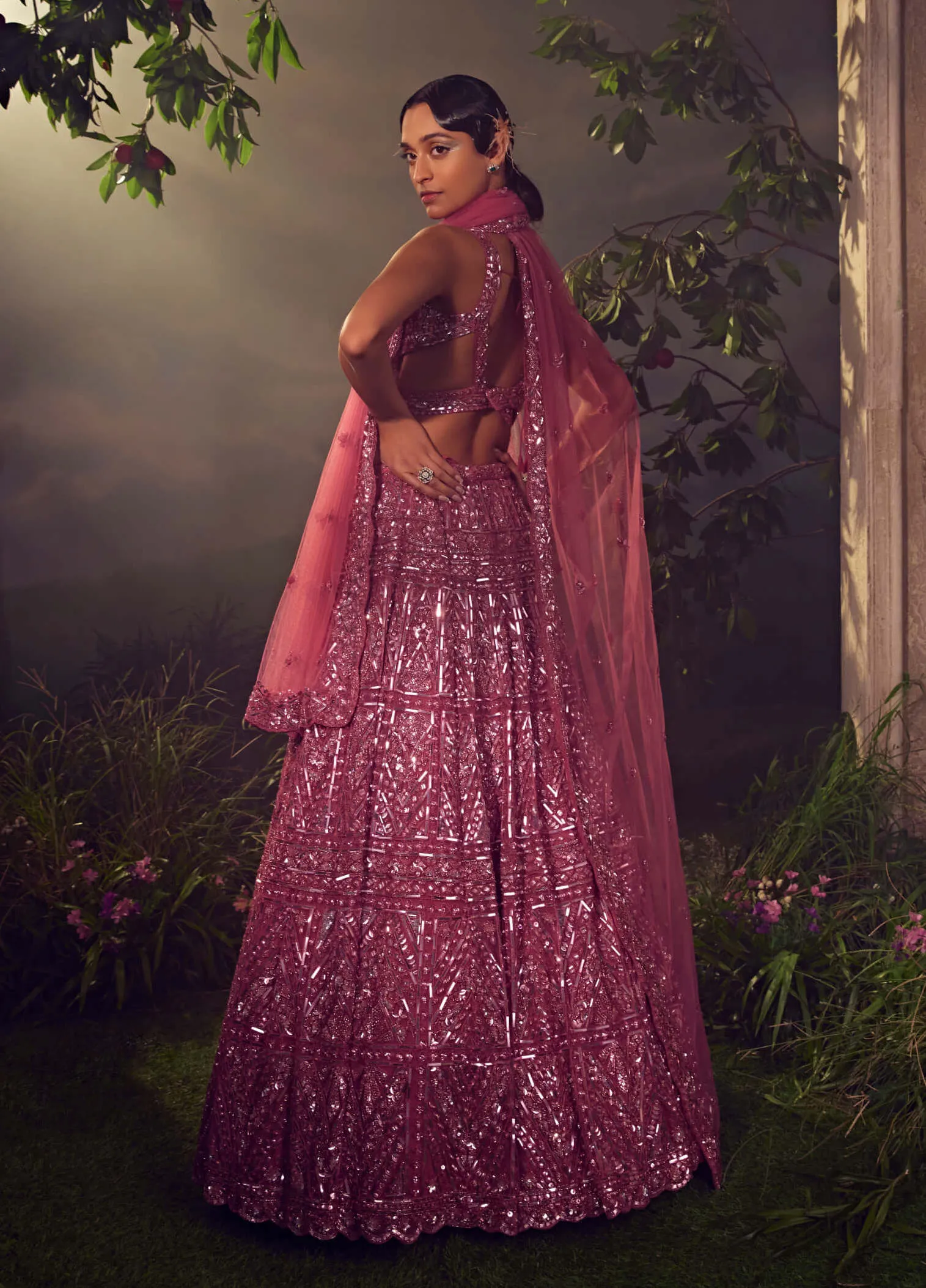 Metallic cashmere rose tulle lehenga set