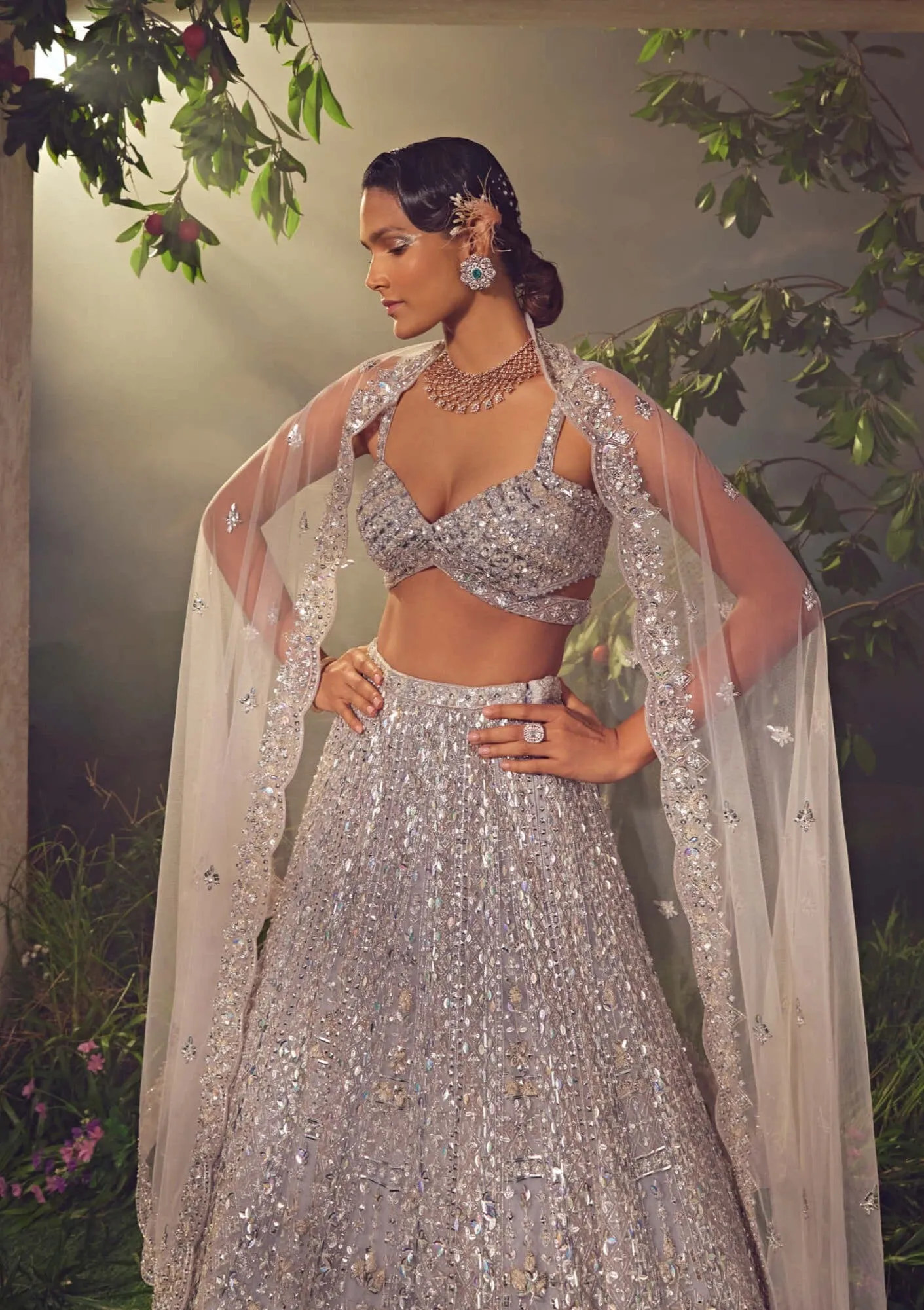 Metallic gray embroidered lehenga set