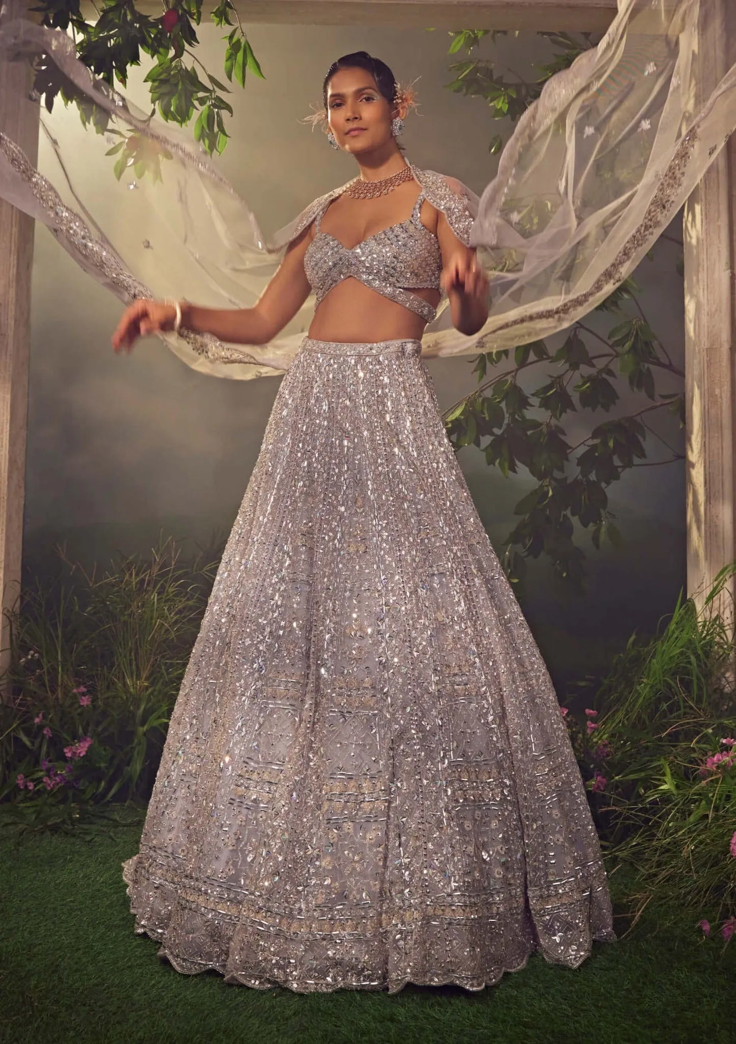 Metallic gray embroidered lehenga set