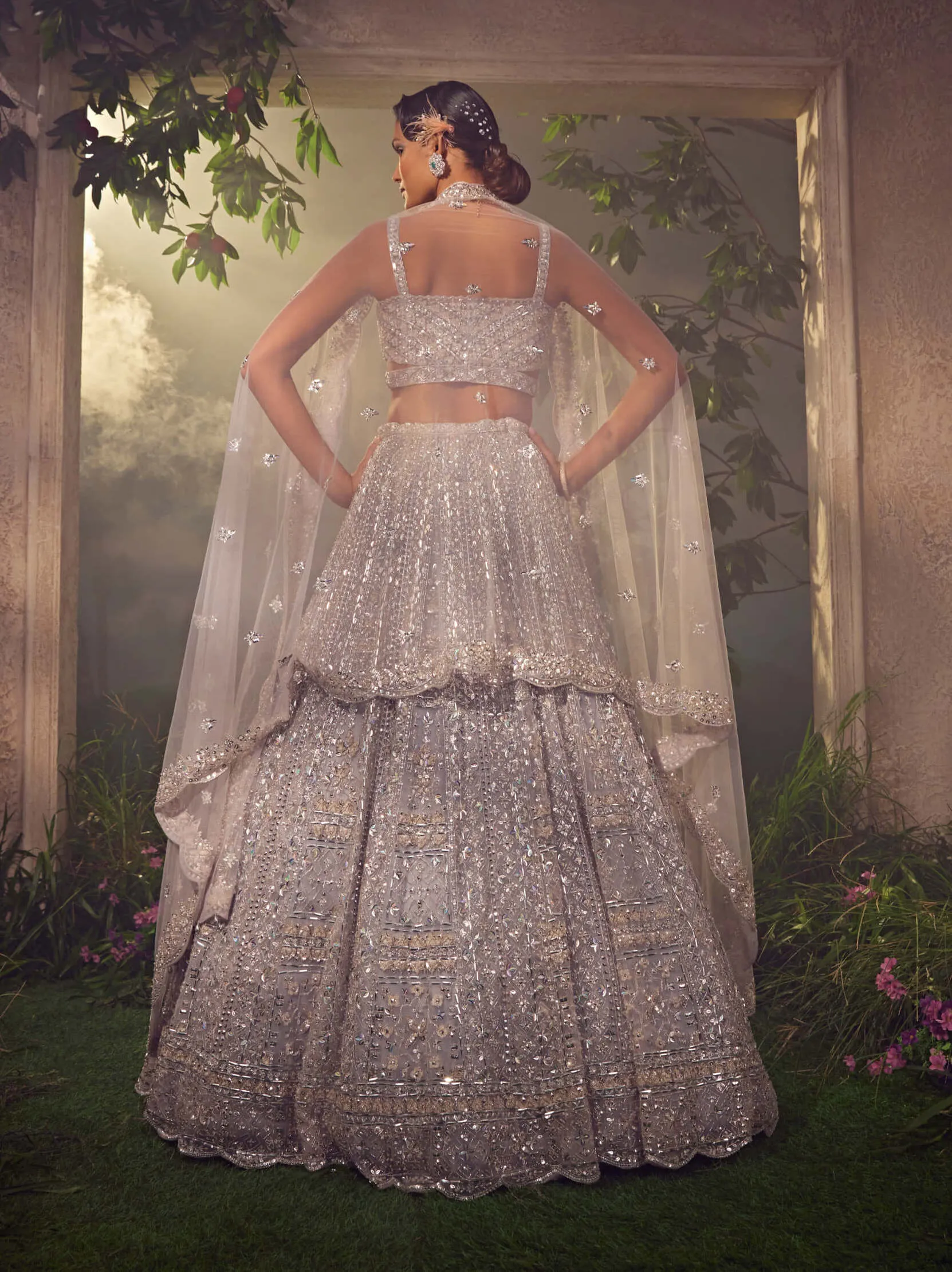 Metallic gray embroidered lehenga set
