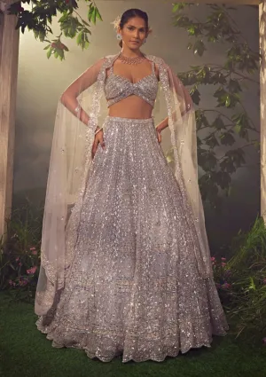Metallic gray embroidered lehenga set