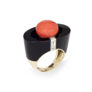 Mid Century Coral Onyx Diamond Ring Vintage 14k Yellow Gold Pinky Sz 3.5 Jewelry