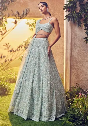 Mint green tulle embroidered lehenga set